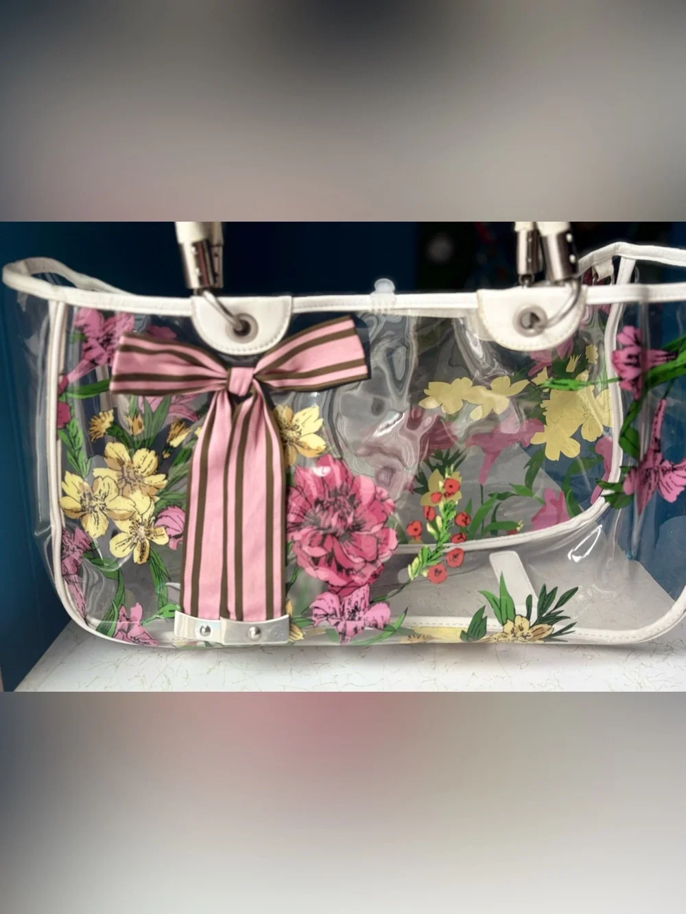 Vintage Y2K Clear Floral Polyvinyl Tote with Leather Handles by Laundry Shelli S